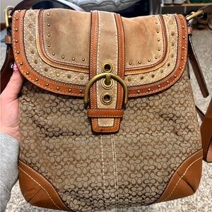 Coach SOHO 2007 Signature C Shoulder/Crossbody Brown Leather Suede Rivet Flap